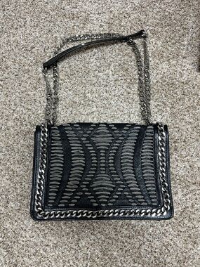 Zara Black/grey ish and Silver Chain-Trim Shoulder Bag
